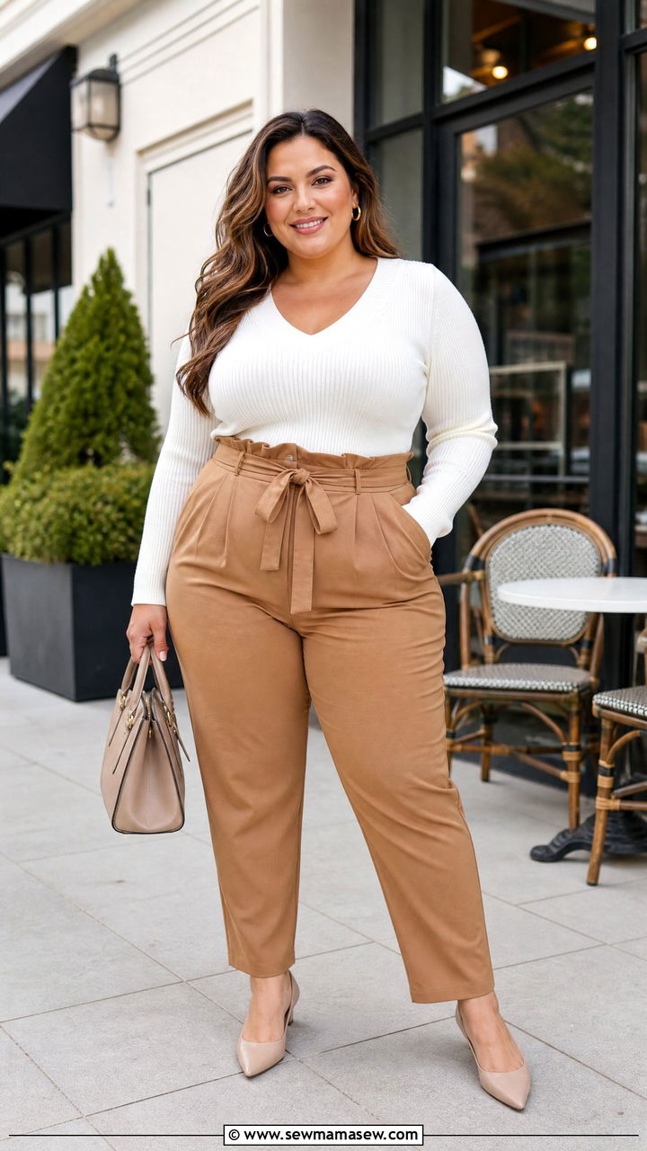 Plus Size V Neck Top With Paperbag Waist Pants - 20 plus size v neck top outfit ideas