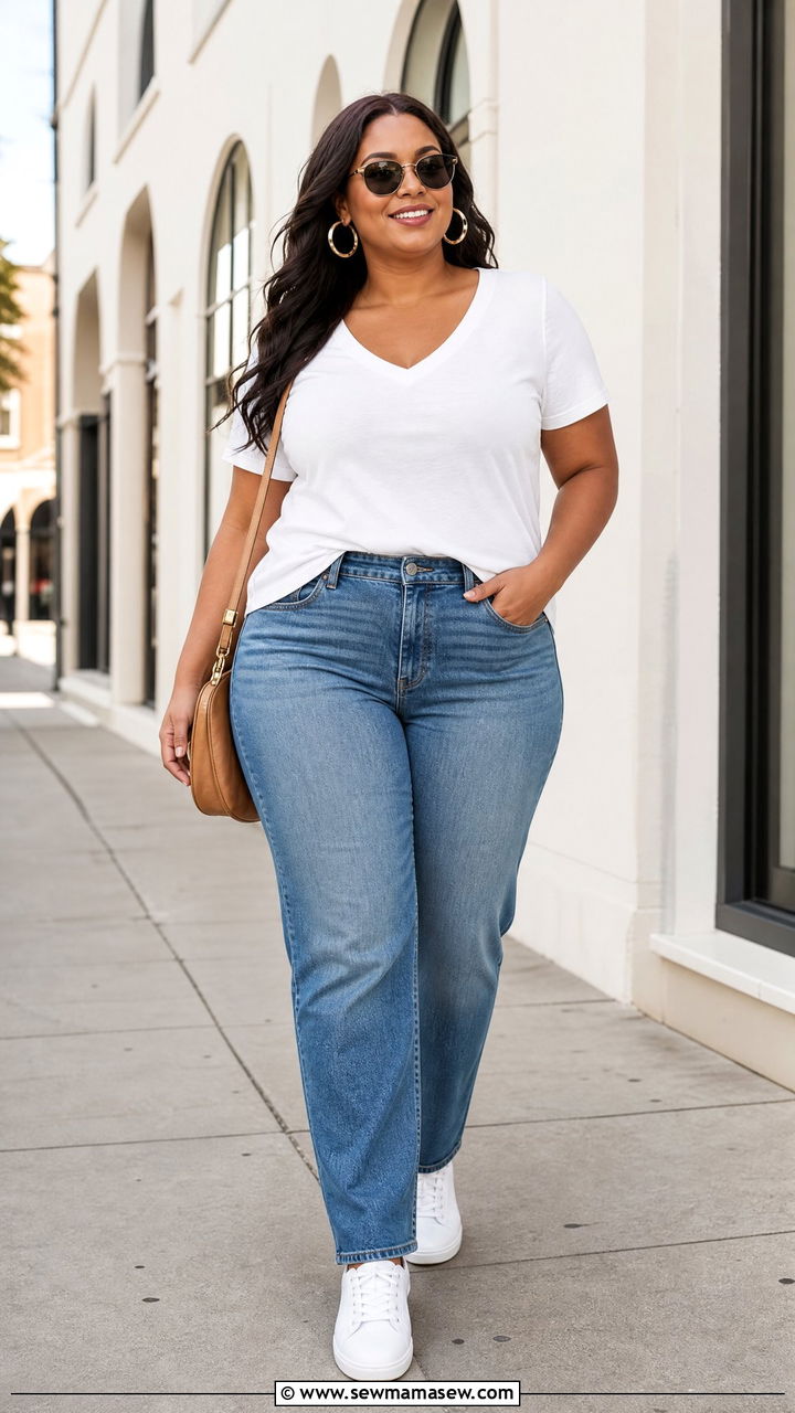 Plus Size V Neck Top With Straight Leg Jeans - 20 plus size v neck top outfit ideas
