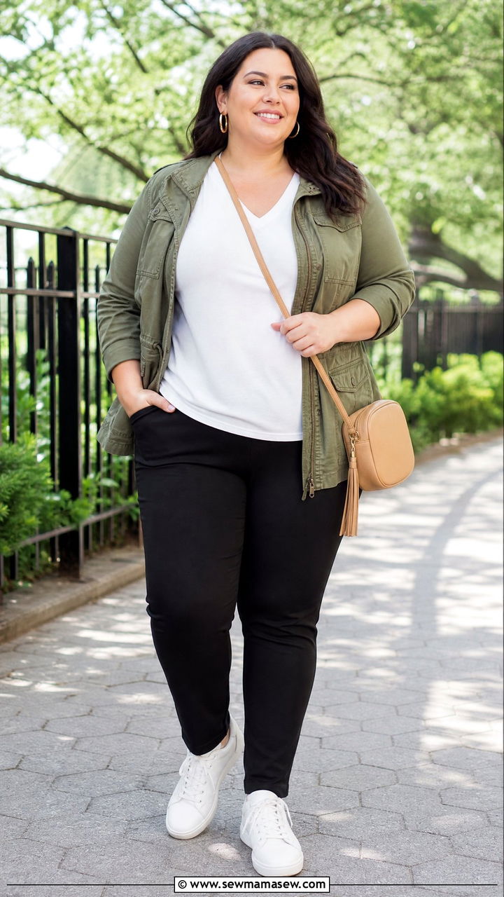 Plus Size V Neck Top With Utility Jacket - 20 plus size v neck top outfit ideas