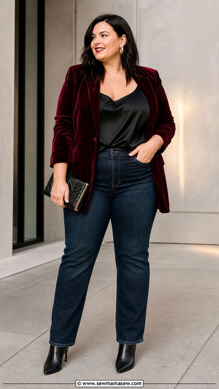 Plus Size Velvet Blazer And Jeans Outfit - 20 plus size new years eve outfit ideas