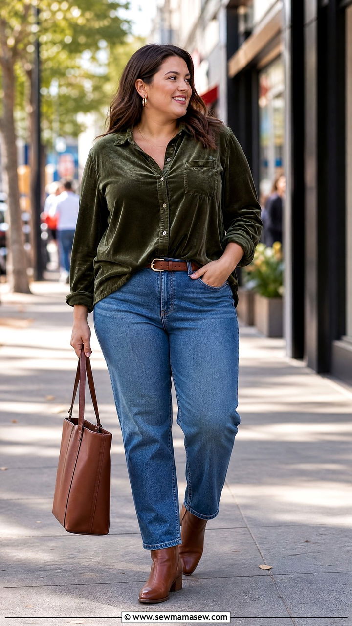 Plus Size Velvet Button Down Shirt With Straight Jeans - 20 plus size velvet top outfit ideas