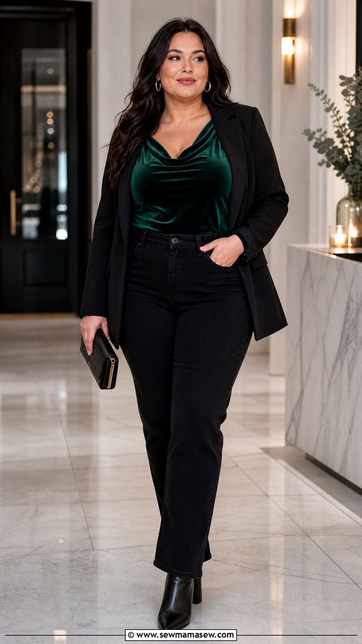 Plus Size Velvet Cowl Neck Cami Top With Black Jeans - 20 plus size cowl neck cami top outfit ideas