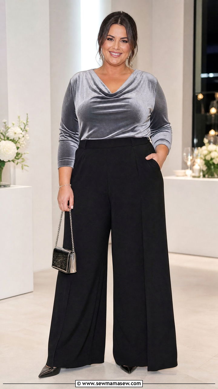 Plus Size Velvet Cowl Neck Top With Palazzo Pants - 20 plus size velvet top outfit ideas