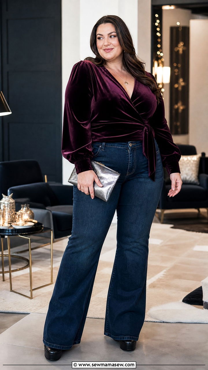 Plus Size Velvet Party Top With Flare Jeans - 20 plus size party top outfit ideas