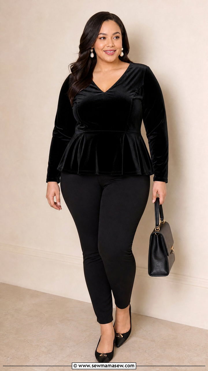 Plus Size Velvet Peplum Top With Slim Pants - 20 plus size velvet top outfit ideas