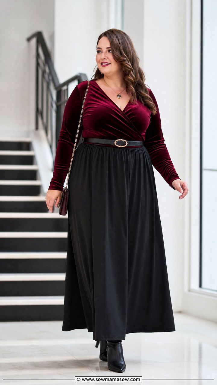 Plus Size Velvet Top With Black Maxi Skirt - 20 plus size velvet top outfit ideas