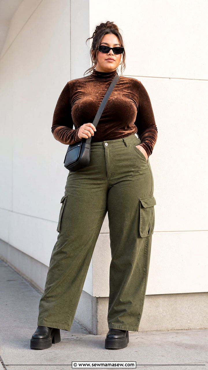 Plus Size Velvet Top With Cargo Pants - 20 plus size velvet top outfit ideas