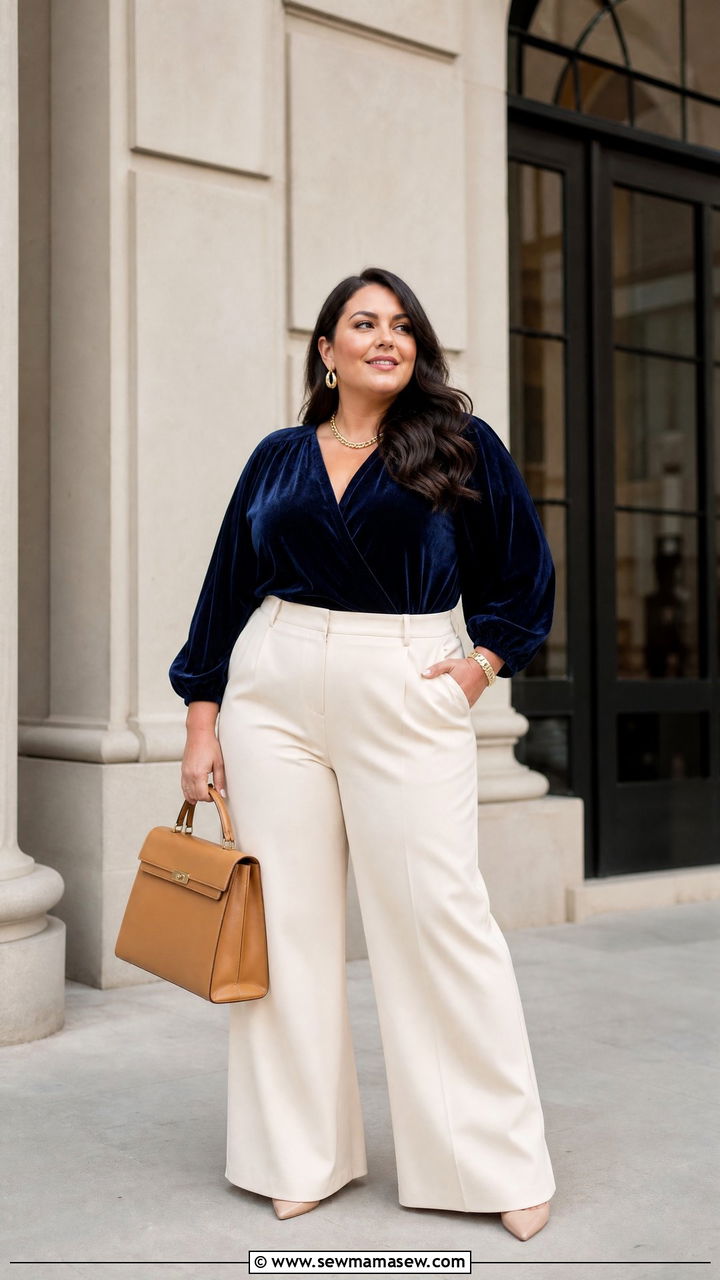Plus Size Velvet Top With Cream Trousers - 20 plus size velvet top outfit ideas