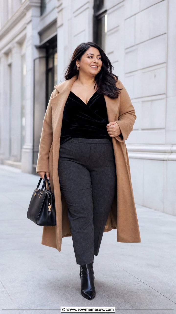Plus Size Velvet Top With Long Coat And Boots - 20 plus size velvet top outfit ideas