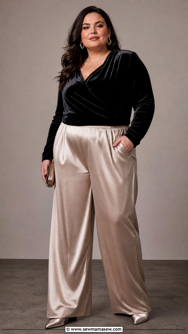 Plus Size Velvet Top With Satin Wide Leg Pants - 20 plus size velvet top outfit ideas