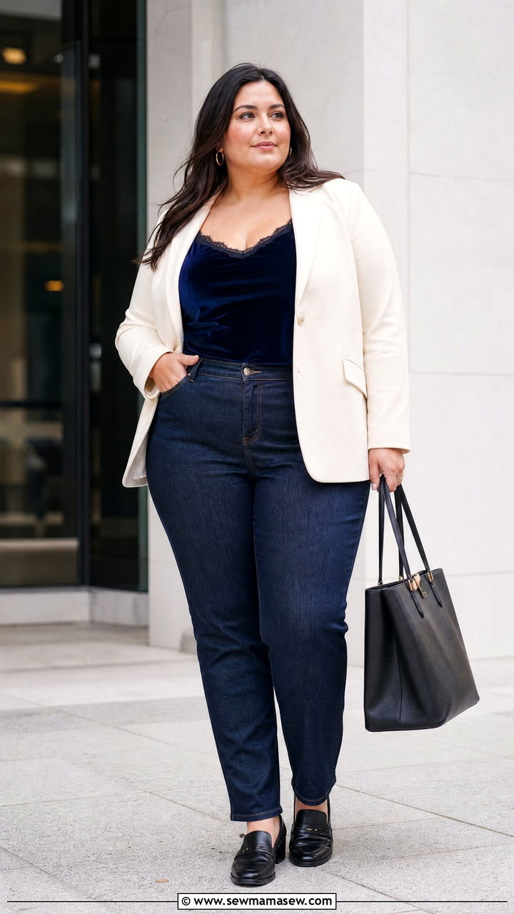 Plus Size Velvet Top With Tailored Blazer And Jeans - 20 plus size velvet top outfit ideas