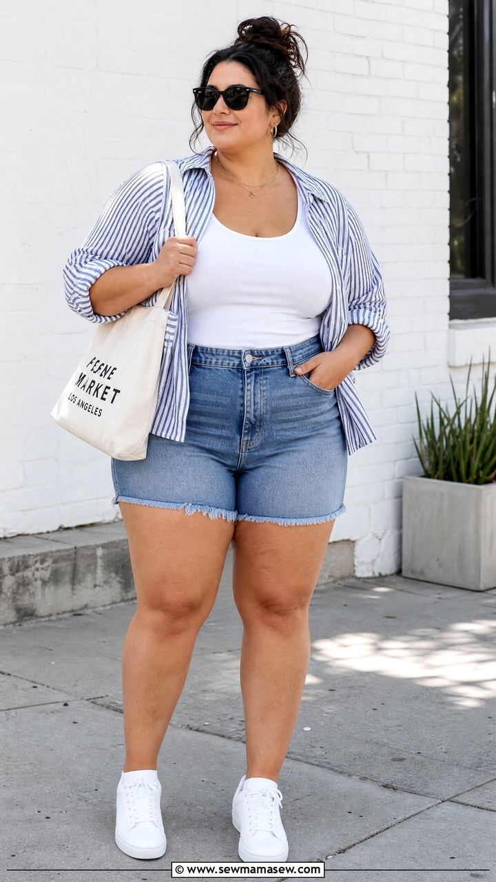 Plus Size Vest Top With Denim Shorts - 20 plus size vest top outfit ideas