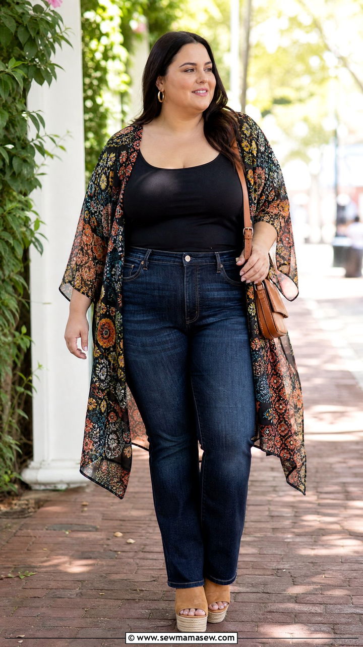 Plus Size Vest Top With Kimono And Jeans - 20 plus size vest top outfit ideas