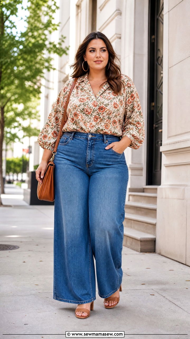 Plus Size Vintage Blouse With Wide Leg Jeans - 20 plus size vintage top outfit ideas
