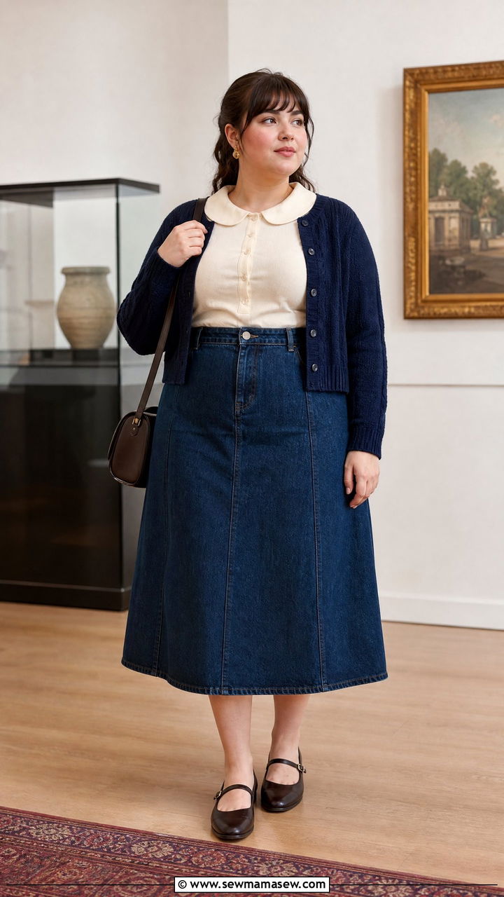 Plus Size Vintage Collar Top With Midi Skirt - 20 plus size vintage top outfit ideas