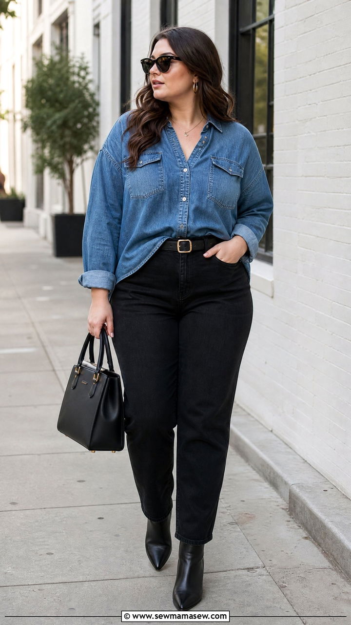 Plus Size Vintage Denim Top With Black Jeans - 20 plus size vintage top outfit ideas