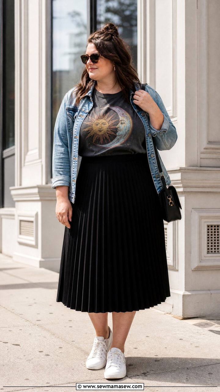 Plus Size Vintage Graphic Tee With Pleated Skirt - 20 plus size vintage top outfit ideas