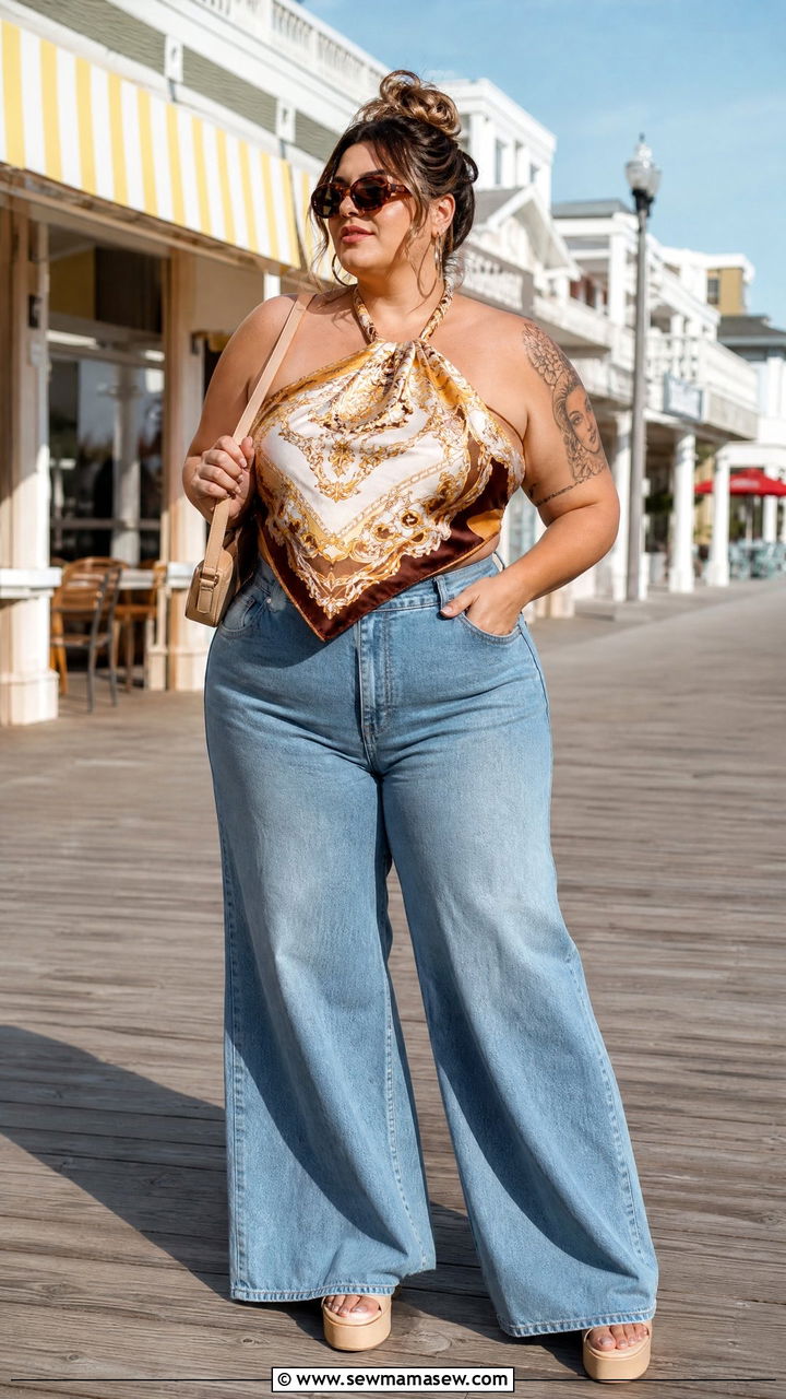 Plus Size Vintage Halter Top With Palazzo Jeans - 20 plus size vintage top outfit ideas