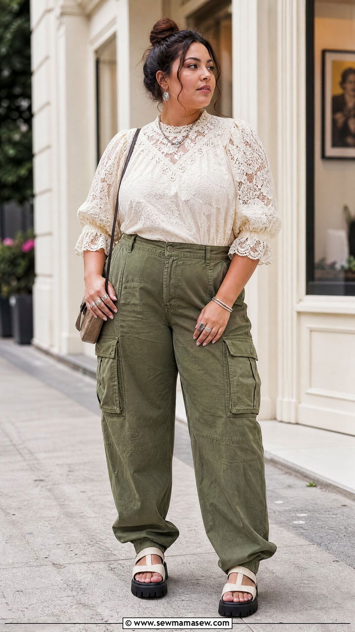 Plus Size Vintage Lace Top With Cargo Pants - 20 plus size vintage top outfit ideas