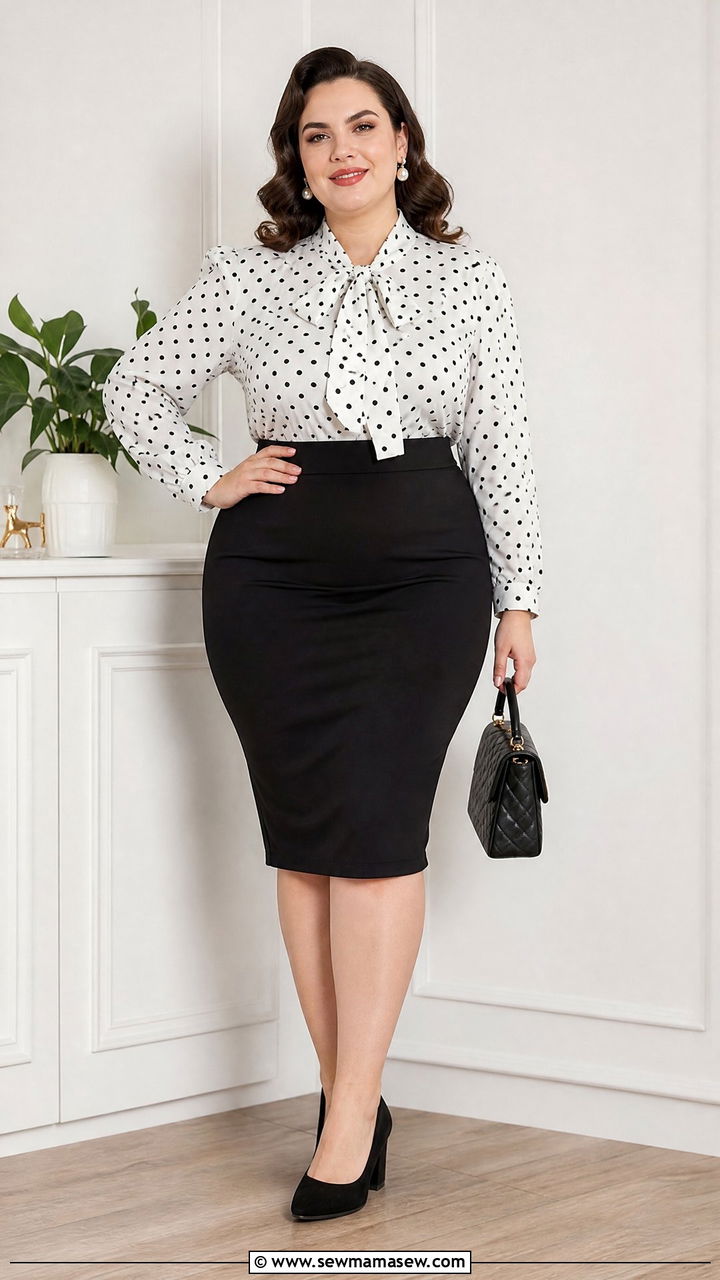 Plus Size Vintage Polka Dot Top With Pencil Skirt - 20 plus size vintage top outfit ideas