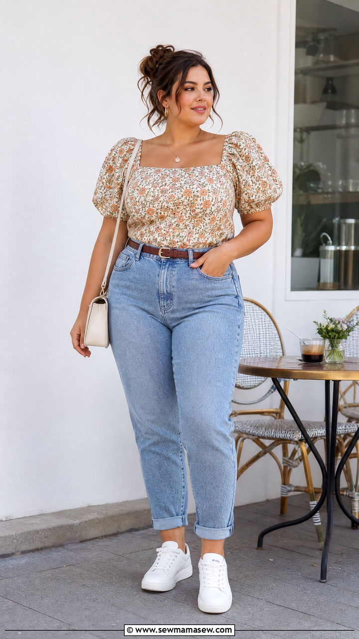 Plus Size Vintage Puff Sleeve Top With Mom Jeans - 20 plus size vintage top outfit ideas