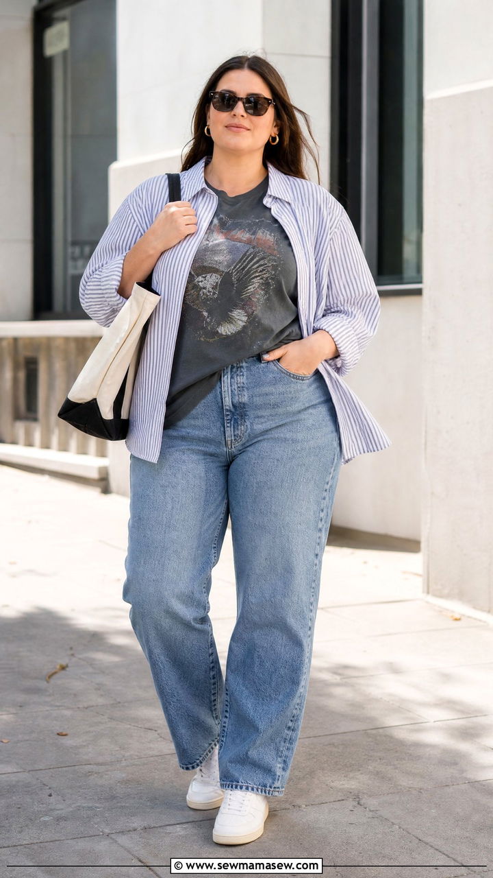 Plus Size Vintage Tee With Button Down Shirt - 20 plus size vintage tee outfit ideas