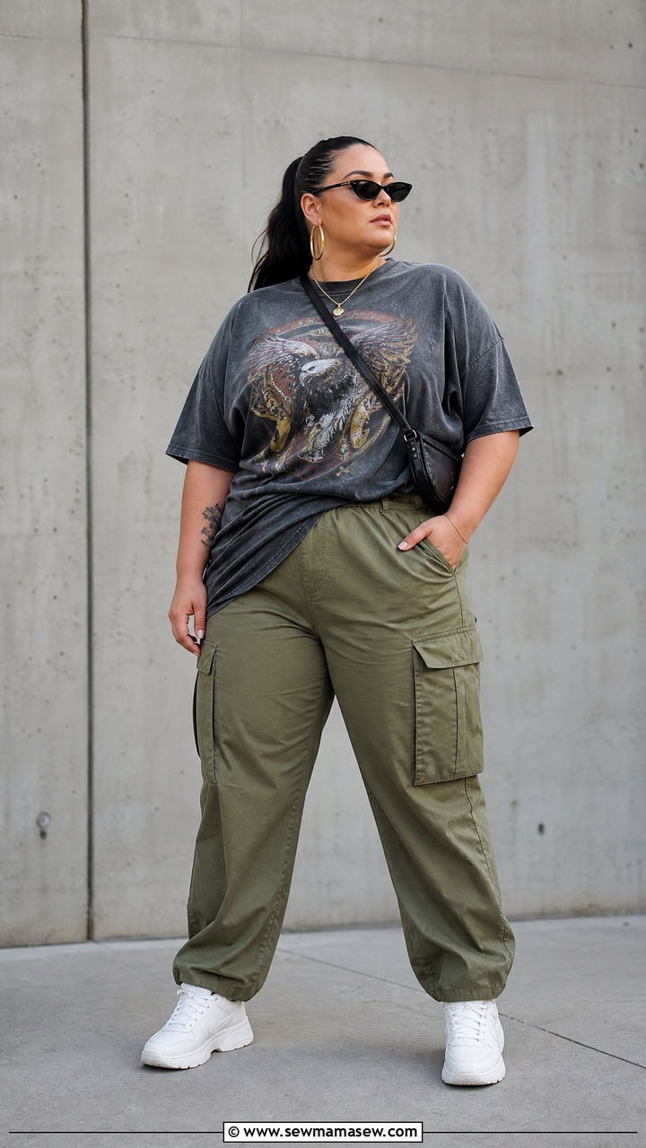 Plus Size Vintage Tee With Cargo Pants - 20 plus size vintage tee outfit ideas