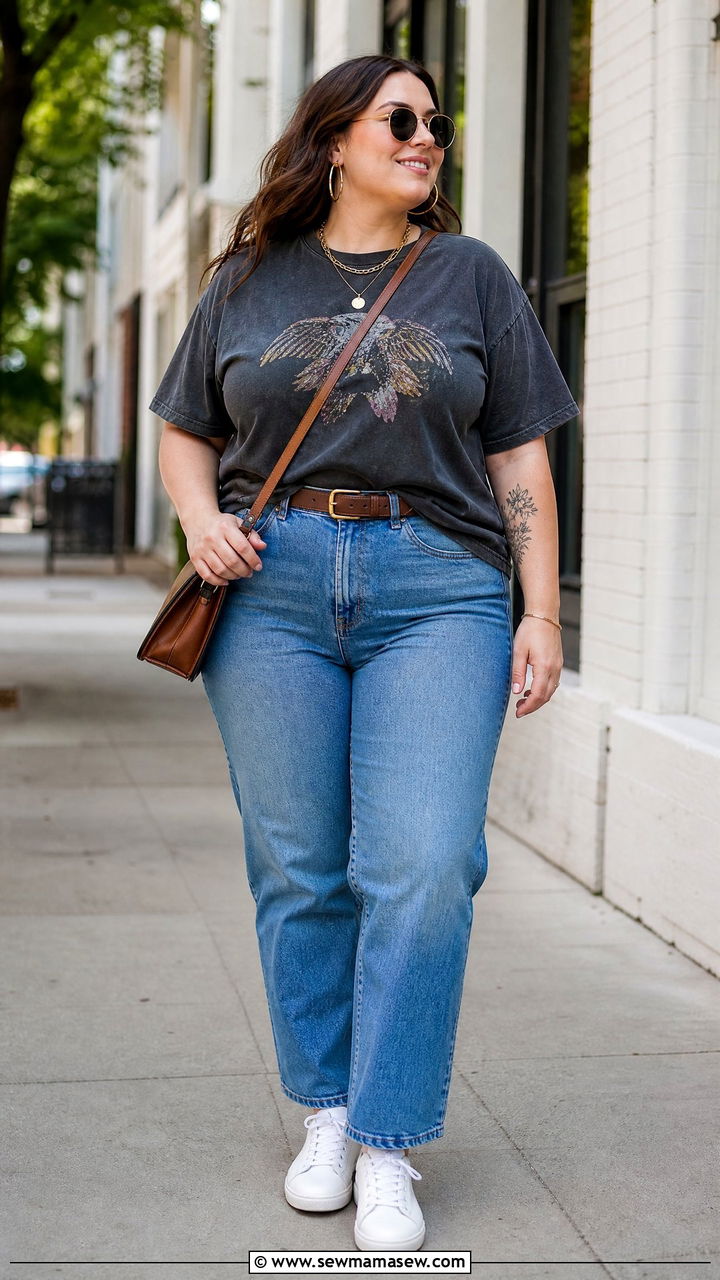 Plus Size Vintage Tee With High Waisted Jeans - 20 plus size vintage tee outfit ideas