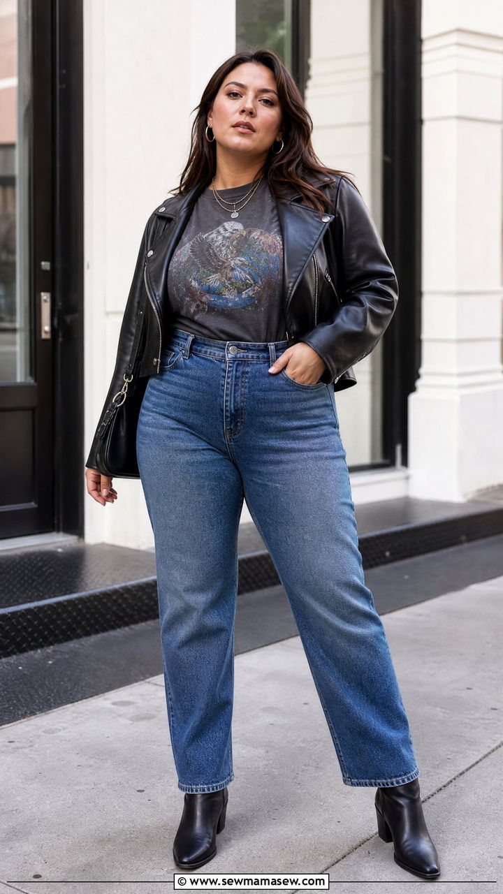 Plus Size Vintage Tee With Leather Jacket - 20 plus size vintage tee outfit ideas