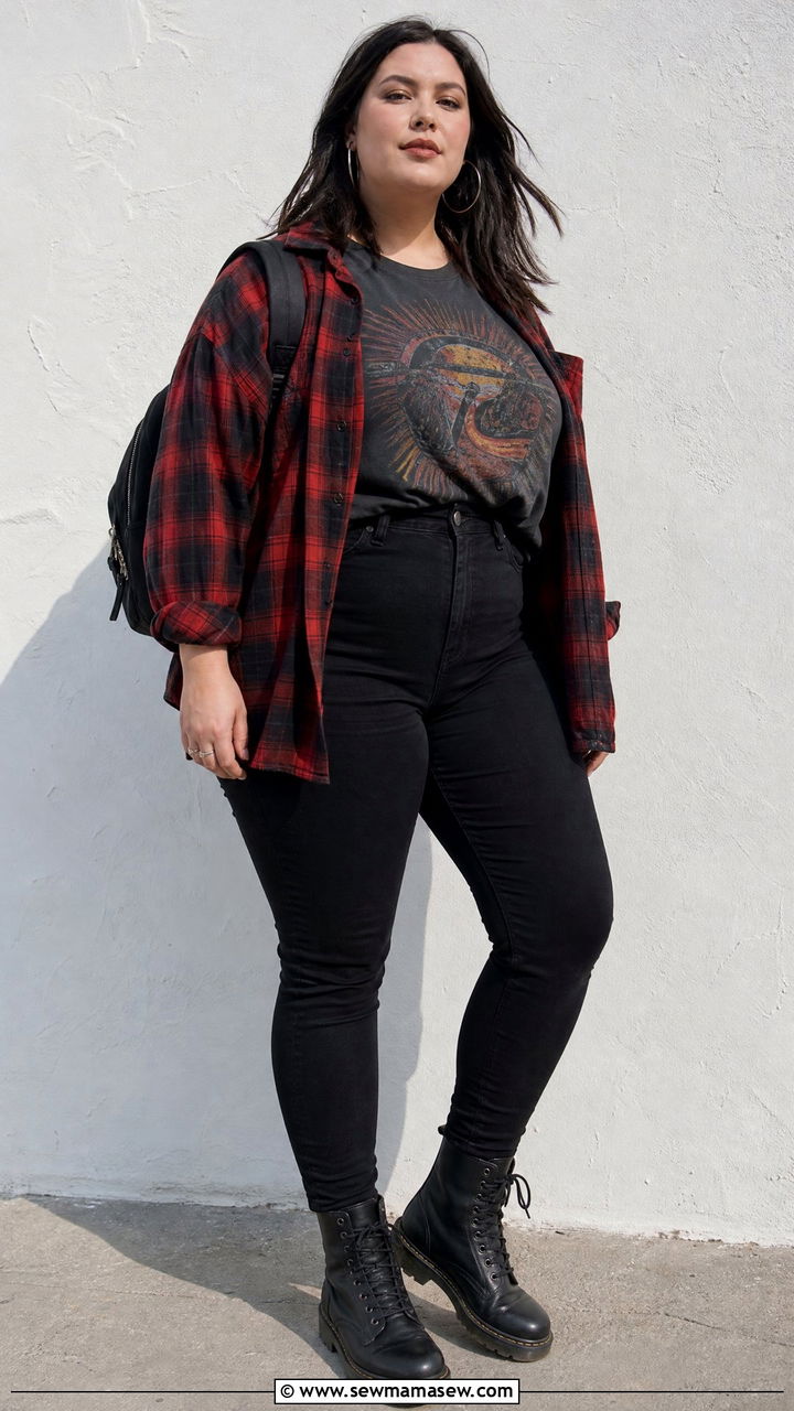 Plus Size Vintage Tee With Plaid Shirt - 20 plus size vintage tee outfit ideas