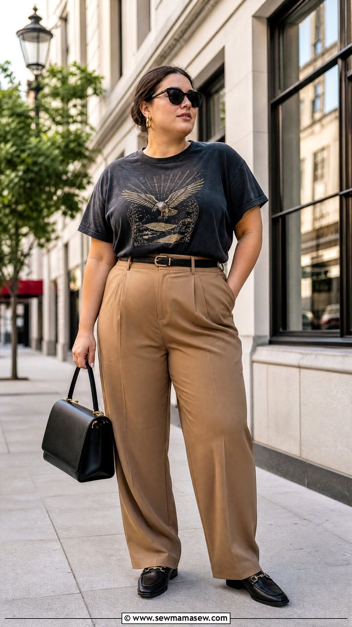 Plus Size Vintage Tee With Tailored Trousers - 20 plus size vintage tee outfit ideas