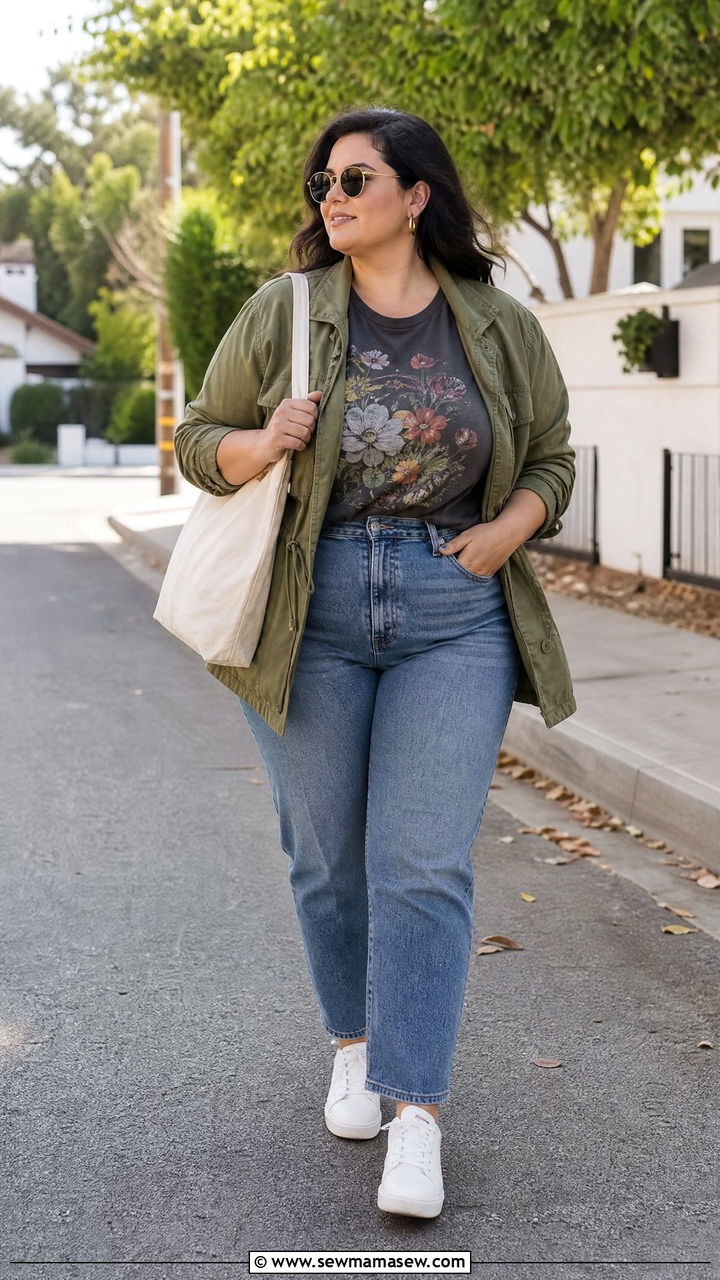 Plus Size Vintage Tee With Utility Jacket - 20 plus size vintage tee outfit ideas