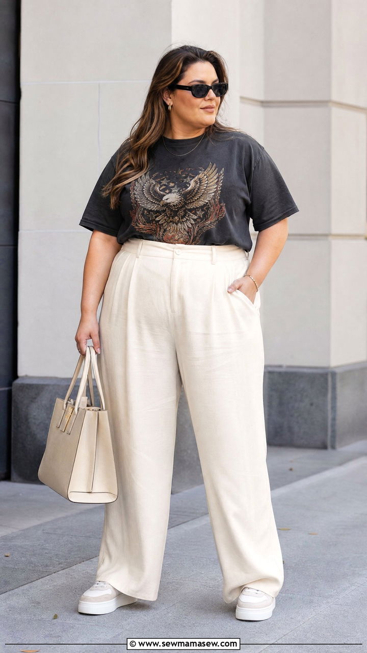 Plus Size Vintage Tee With Wide Leg Pants - 20 plus size vintage tee outfit ideas