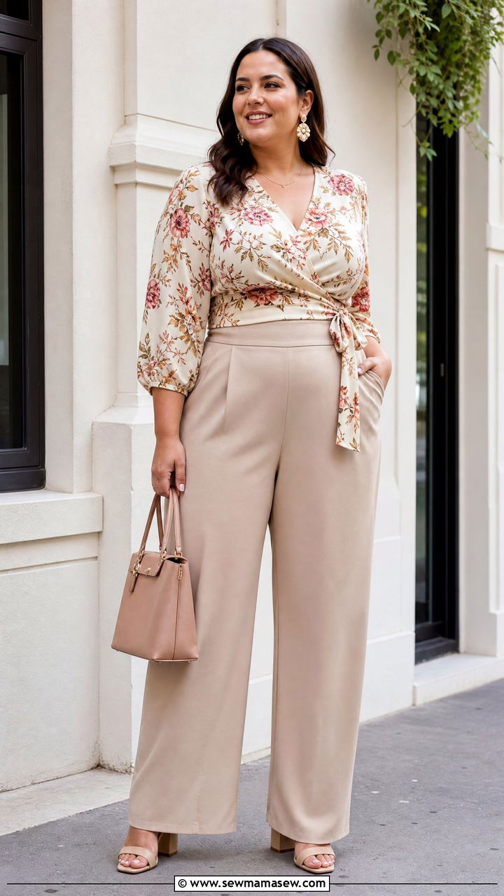 Plus Size Vintage Wrap Top With Wide Leg Pants - 20 plus size vintage top outfit ideas