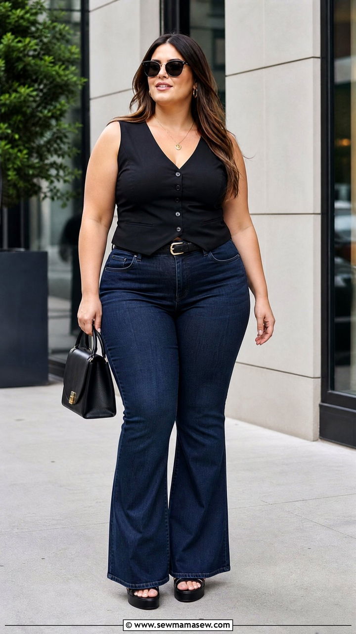 Plus Size Waistcoat Top With Flare Jeans - 20 plus size waistcoat top outfit ideas