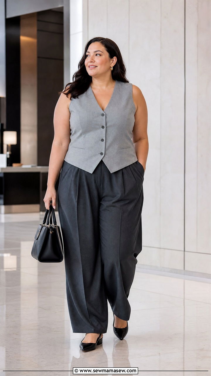 Plus Size Waistcoat Top With Pleated Pants - 20 plus size waistcoat top outfit ideas