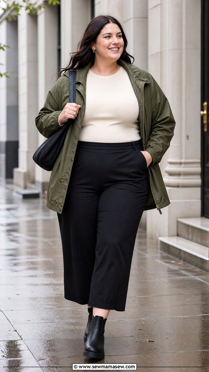 Plus Size Waterproof Jacket And Wide Leg Pants Outfit - 20 plus size rainy day outfit ideas