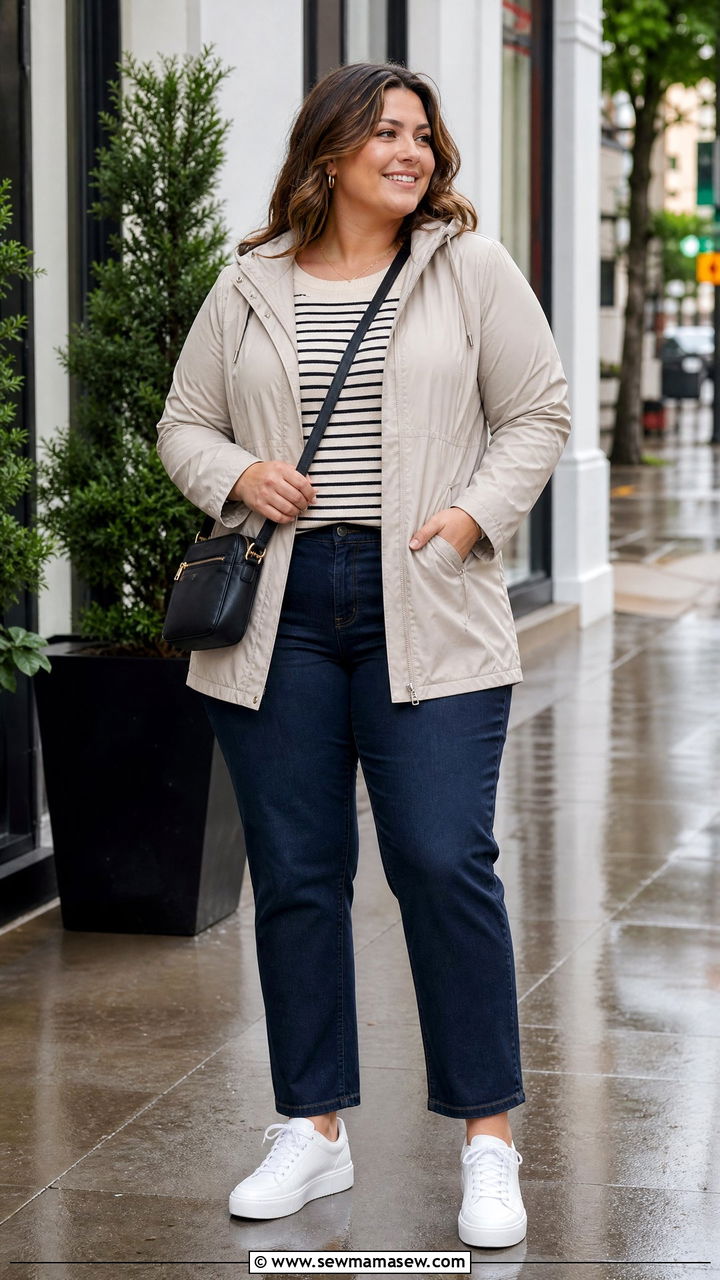 Plus Size Waterproof Sneakers And Jeans Outfit - 20 plus size rainy day outfit ideas
