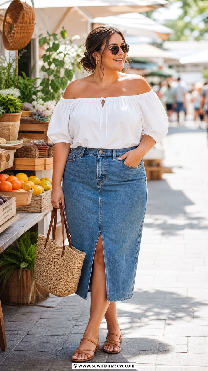 Plus Size White Bardot Top With Denim Skirt - 20 plus size bardot top outfit ideas
