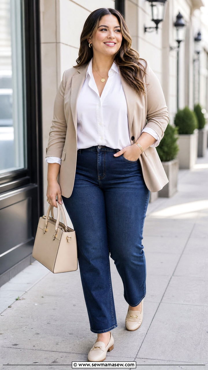 Plus Size White Blouse With Blazer And Jeans - 20 plus size white blouse outfit ideas