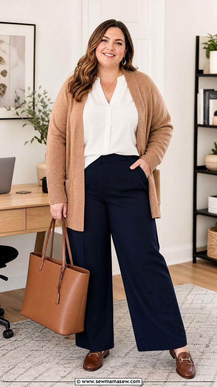 Plus Size White Blouse With Cardigan And Trousers - 20 plus size white blouse outfit ideas