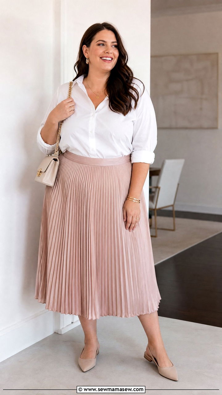 Plus Size White Blouse With Pleated Midi Skirt - 20 plus size white blouse outfit ideas
