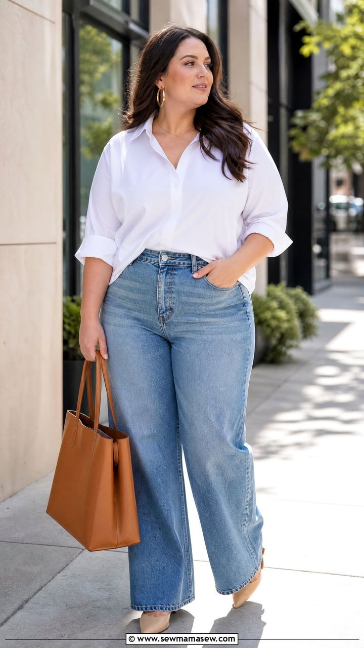 Plus Size White Blouse With Wide Leg Jeans - 20 plus size blouse outfit ideas