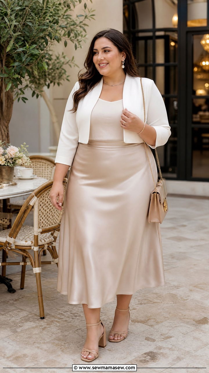 Plus Size White Bolero Top With Satin Midi Skirt - 20 plus size bolero top outfit ideas