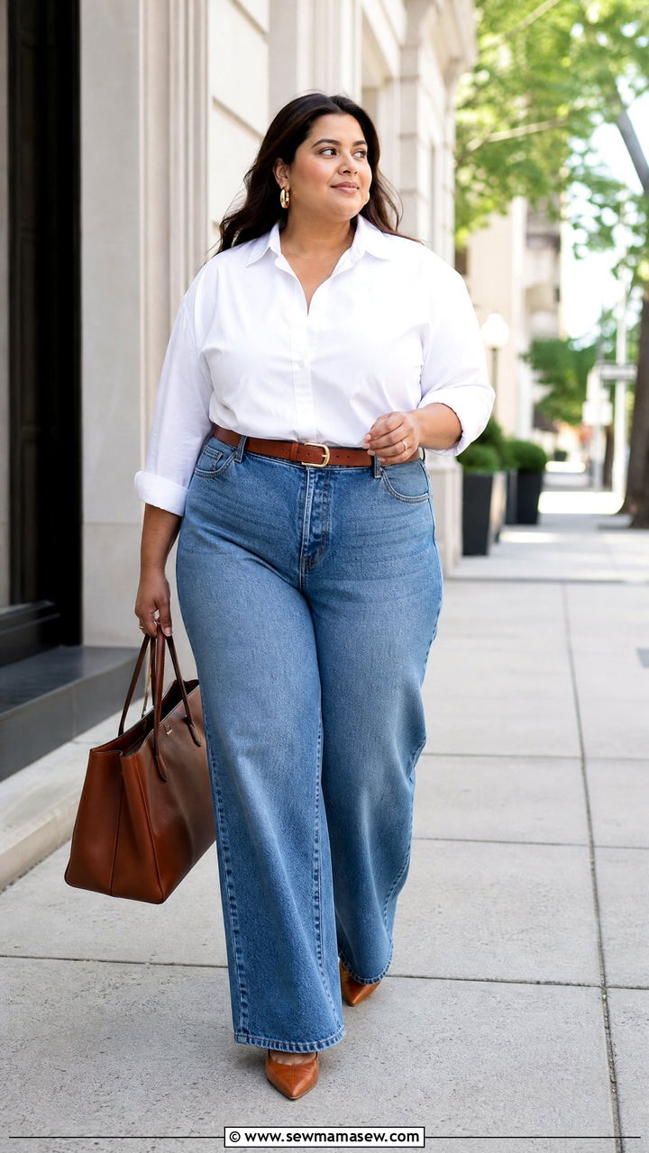 Plus Size White Button Up Shirt With Wide Leg Jeans - 20 plus size button up shirt outfit ideas