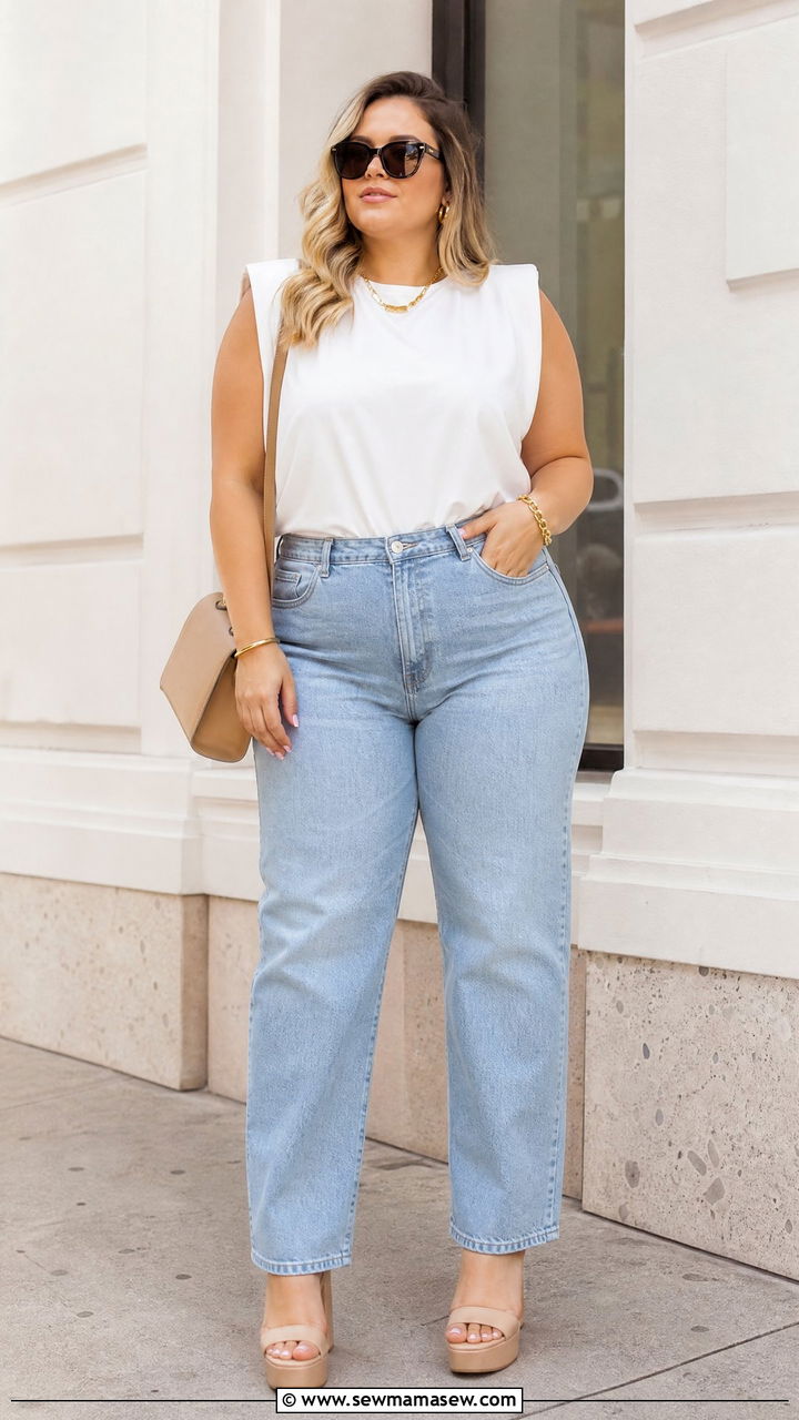 Plus Size White Cami Top With Light Wash Jeans - 20 plus size going out cami top outfit ideas