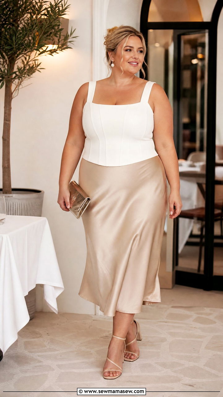 Plus Size White Corset Top With Satin Midi Skirt - 20 plus size corset top outfit ideas for night out