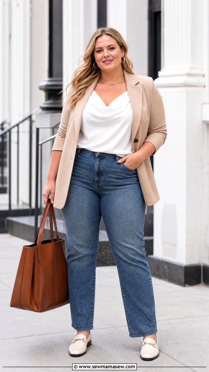 Plus Size White Cowl Neck Cami Top With Blazer - 20 plus size cowl neck cami top outfit ideas