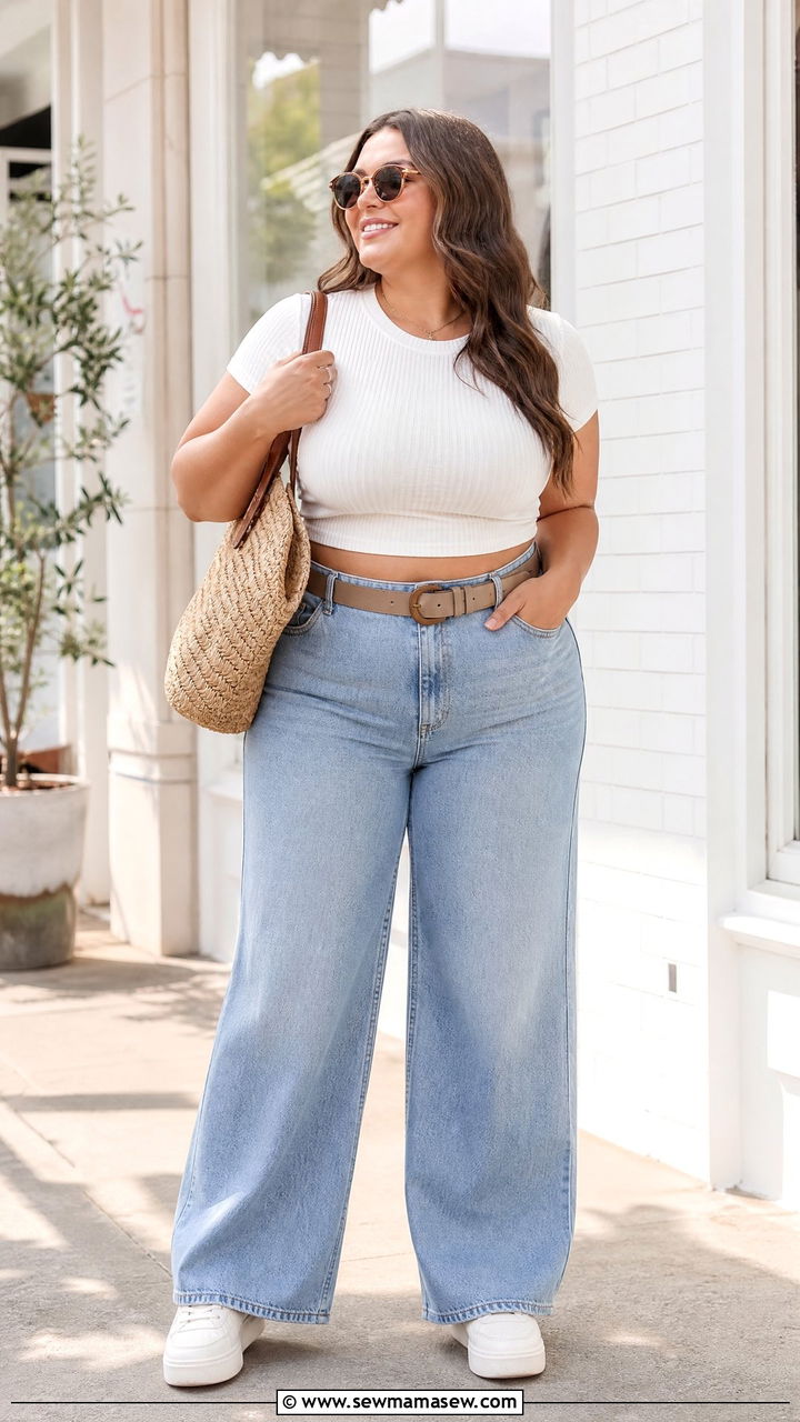 Plus Size White Crop Top And High Waisted Wide Leg Jeans Outfit - 20 plus size crop top and high waisted jeans outfit ideas