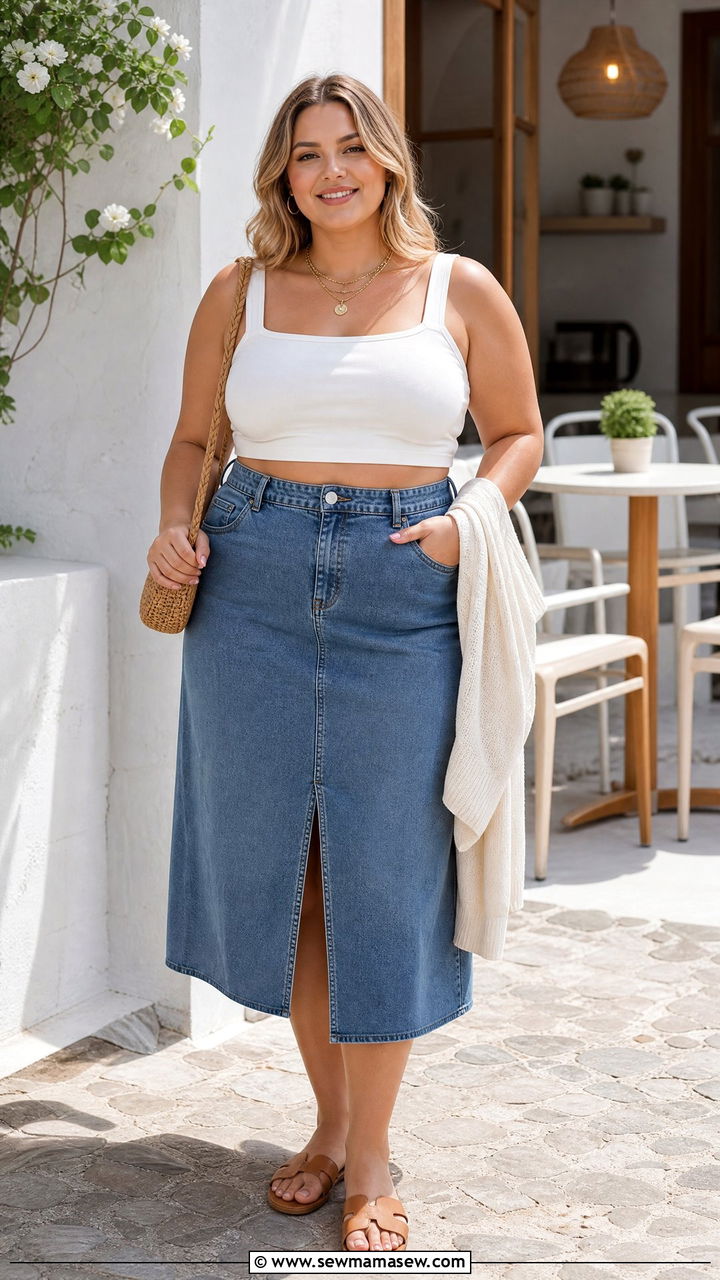 Plus Size White Crop Top With Denim Skirt - 20 plus size crop top outfits